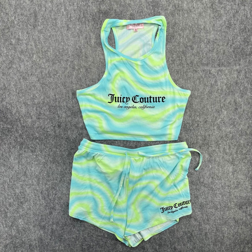 Juicy Couture Sleepwear Set XL Blue Green Swirl Ribbed Crop Tank and Shorts